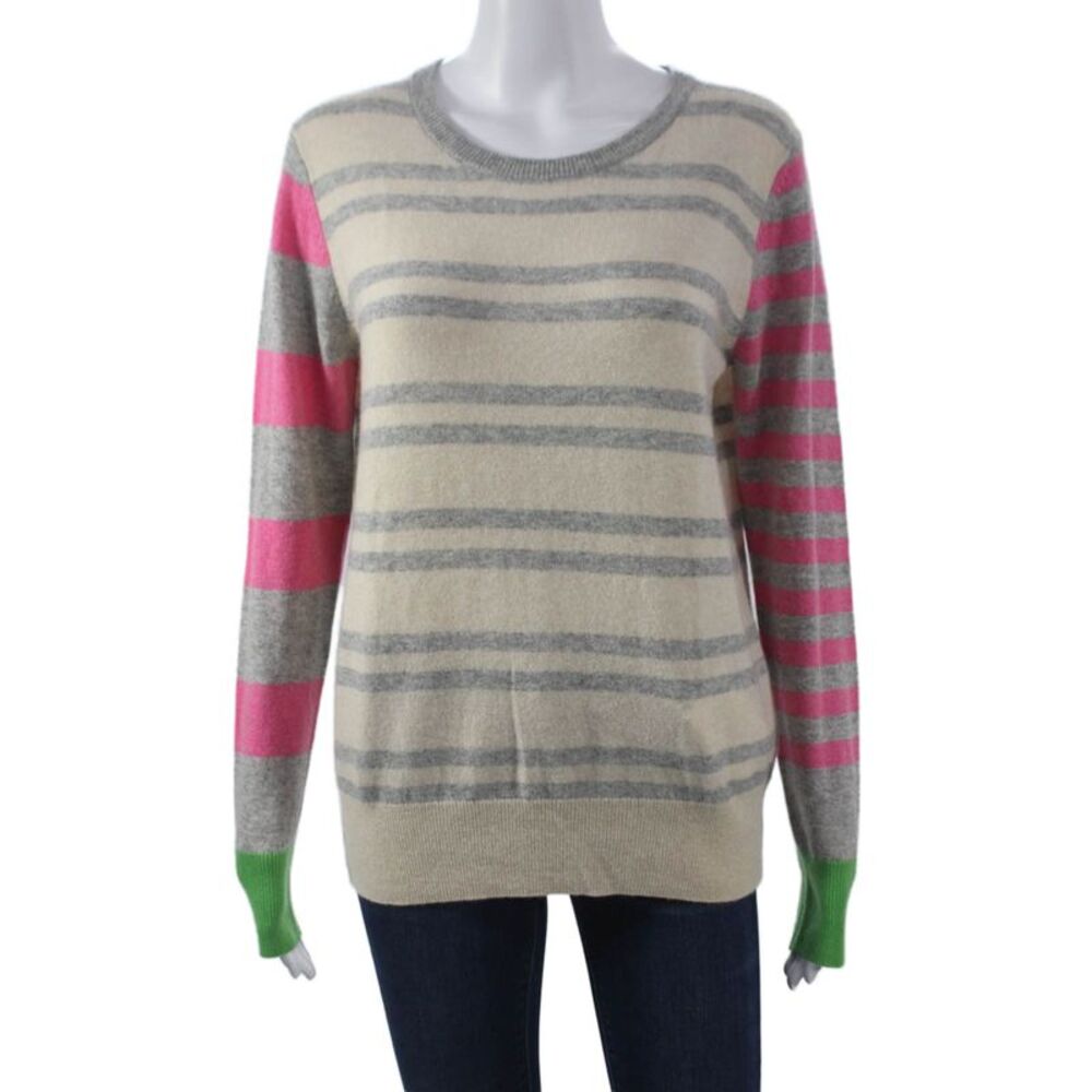 LT Women Pullover 100% Cashmere Striped Crew Neck Multicolor Long Sleeve Size M